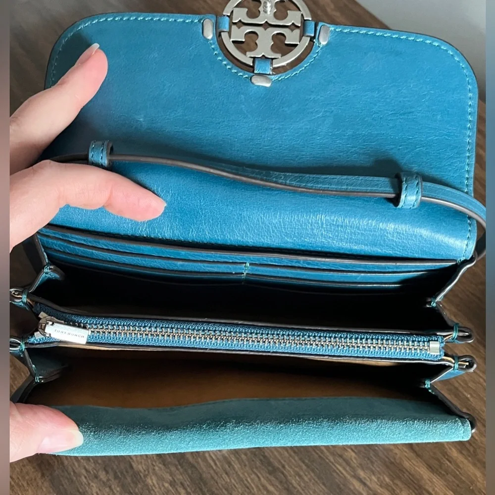 Tory Burch Turquoise Blue Leather and Suede ‘Miller’ Wallet-on-Chain Crossbody